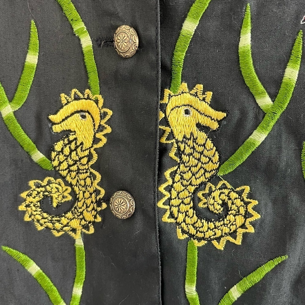 Colorful Embroidered Fish Black Satin Suit Vest Button Front Seahorse Novelty L - Picture 5 of 11